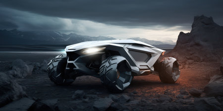 3D rendering of a brand-less generic concept car in the desertの素材