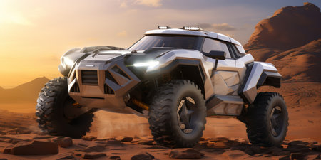 3D CG rendering of all-terrain vehicle in the desertの素材
