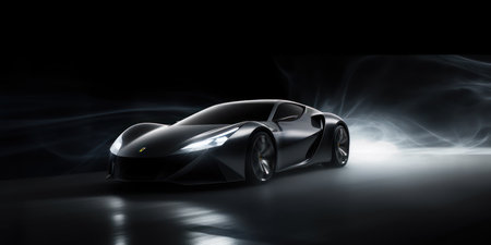 Black sports car on a dark background. 3d rendering image.の素材