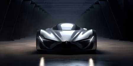 Futuristic concept car with glowing headlights. 3D rendering.の素材