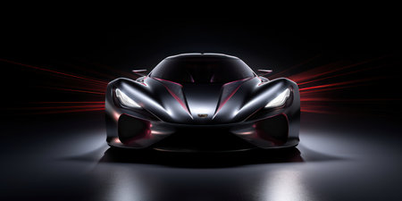 Black sports car with glowing headlights on a black background. 3d renderingの素材