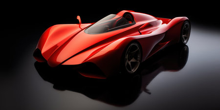 Red sport car on a black background. 3d render image.の素材