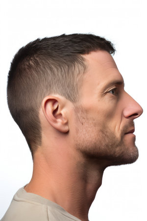 Portrait of a young man on a white background. Side view.の素材