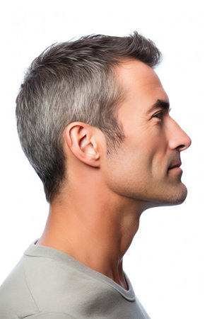 Profile side view portrait of a handsome young man isolated on white backgroundの素材