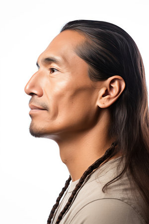 Portrait of a handsome asian man looking away over white backgroundの素材