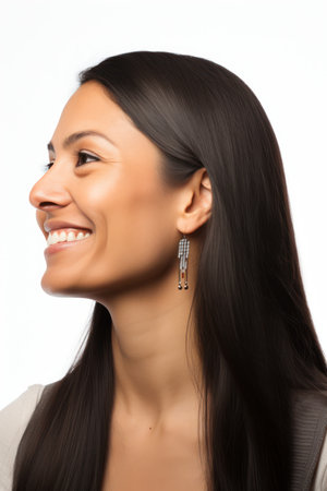 Close-up portrait of a beautiful young asian woman smiling on white backgroundの素材
