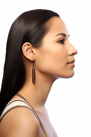 Beautiful young asian woman with long black hair and earringの素材