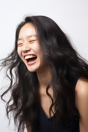 Portrait of a beautiful young asian woman laughing on white backgroundの素材