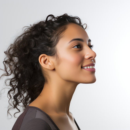Portrait of a beautiful young woman with curly hair on white backgroundの素材