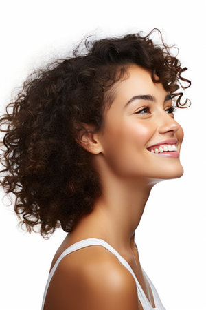Portrait of beautiful smiling young woman with curly hair, isolated on white backgroundの素材