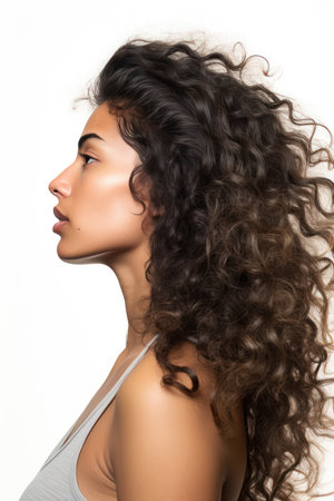 Portrait of a beautiful young woman with long curly hair on white backgroundの素材