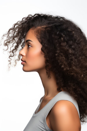 Beautiful african american woman with curly hair on white backgroundの素材