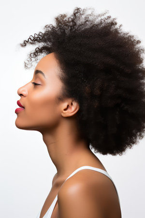 Beautiful african american woman with afro hairstyle on white backgroundの素材