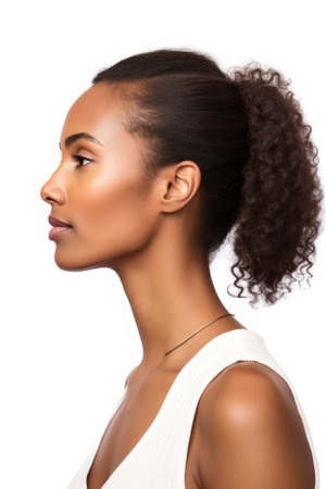 side view of beautiful african american woman looking away isolated on whiteの素材