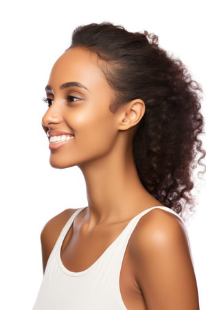 beauty, people and health concept - smiling african american woman in white tank topの素材