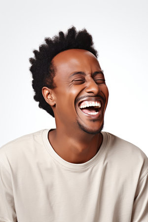 Portrait of a young african american man laughing against white backgroundの素材