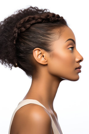 Side view of young african american woman looking away isolated on whiteの素材
