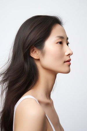 Beautiful asian woman with clean fresh skin on white background, Face care, Facial treatment, Cosmetology, beauty and spa, Asian women portrait.の素材