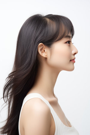 Beautiful young asian woman with clean fresh skin, on white background, asian beautyの素材