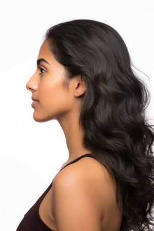 Side view of a beautiful young asian woman with long curly hairの素材