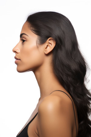 Young beautiful asian woman with long black curly hair on white backgroundの素材