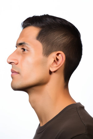 Profile portrait of a young handsome man. Isolated on white background.の素材