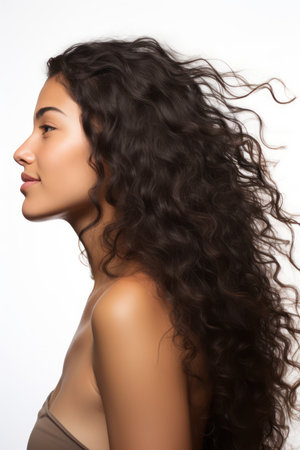 Portrait of a beautiful young woman with long curly hair on a white backgroundの素材