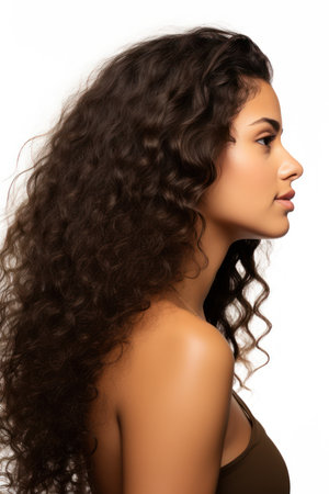 Portrait of a beautiful young woman with long curly hair on white backgroundの素材
