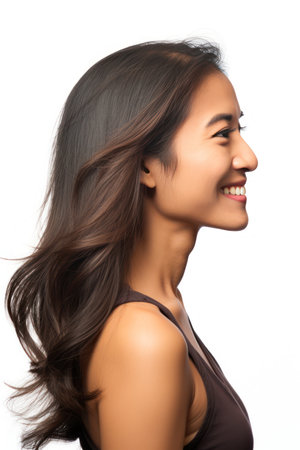 Portrait of a beautiful asian woman with long hair on white backgroundの素材
