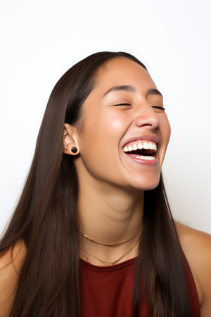 Portrait of a beautiful young asian woman laughing on white backgroundの素材