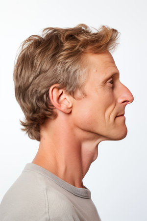 Portrait of a young man with blond hair on a white backgroundの素材