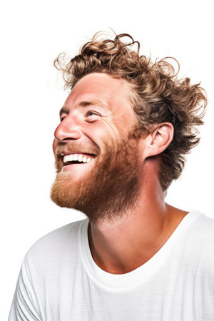 Portrait of a happy young man with curly hair isolated on white backgroundの素材