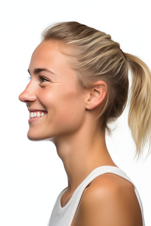 Portrait of a happy young woman smiling isolated on white background.の素材