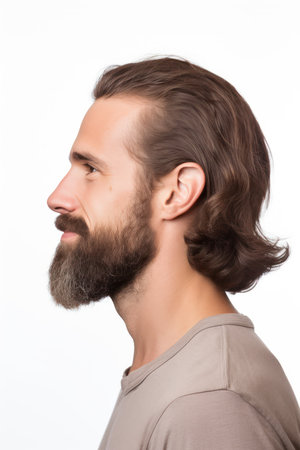 Portrait of a handsome young man with a beard on a white backgroundの素材