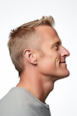 Portrait of a handsome young man on a white background. Side view.の素材