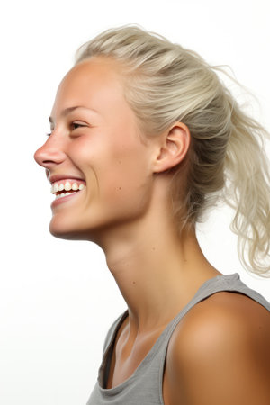 Portrait of a smiling young woman with blonde hair. Isolated on white backgroundの素材
