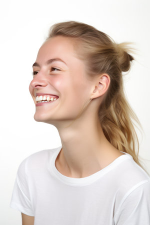 Portrait of a beautiful young woman with blond hair on a white backgroundの素材