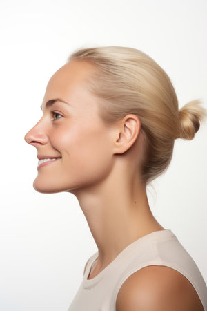 Portrait of beautiful young blonde woman with clean fresh skin on white backgroundの素材