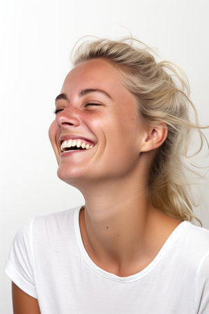 Portrait of a happy young woman laughing on a white background.の素材