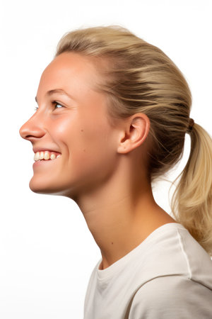 Portrait of a young woman with blonde hair on a white backgroundの素材