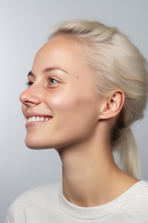 Portrait of a beautiful young woman with blond hair on a gray backgroundの素材