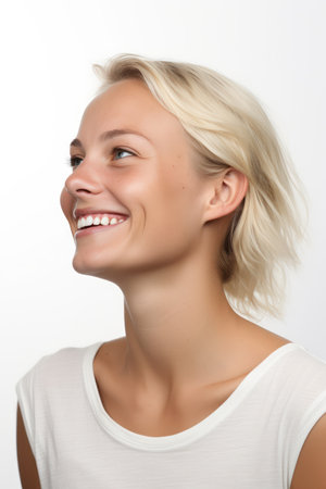 Portrait of a beautiful young woman smiling on a white background.の素材