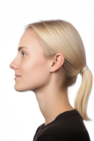 Profile of a young woman with blond hair on a white background.の素材