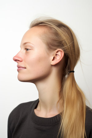 Portrait of a beautiful young woman with blond hair on a white backgroundの素材