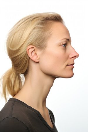 Portrait of a beautiful young blonde woman on a white background. 
ai generatedの素材