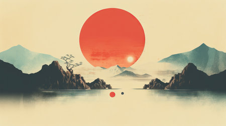 Illustration of a landscape with mountains, lake and a red sunの素材