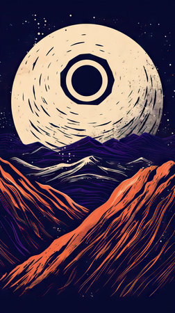 Abstract mountain landscape with moon and stars. Hand drawn vector illustration.の素材