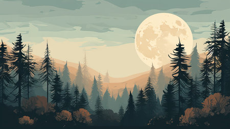 Landscape with coniferous forest and full moon. Vector illustration.の素材