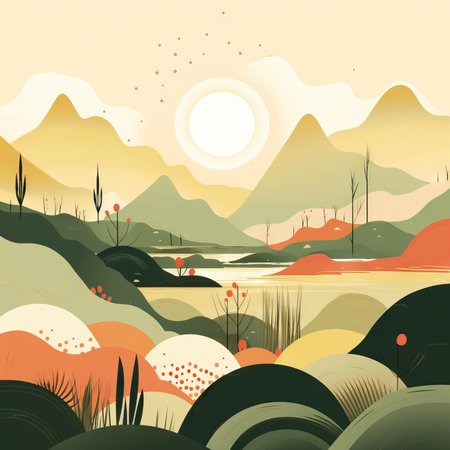 Landscape with mountains and river. Vector illustration in flat style.の素材