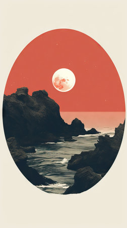 Retro styled illustration of a sun rising over the Pacific Ocean in California.の素材